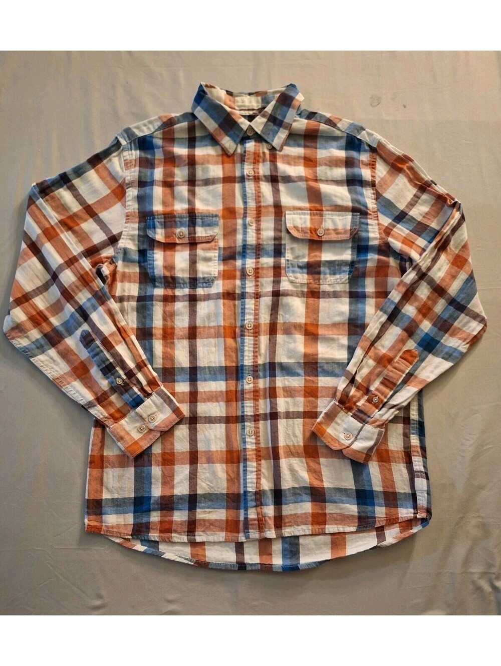 Ocean and Coast Mens Large Orange Blue Plaid Long Sleeve Button Down 100% Cotton